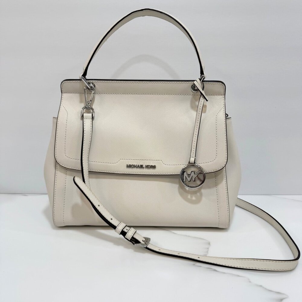 Michael Kors Talia MK LG TH Satchel Flap Bag Saffiano Leather Crossbody Cream